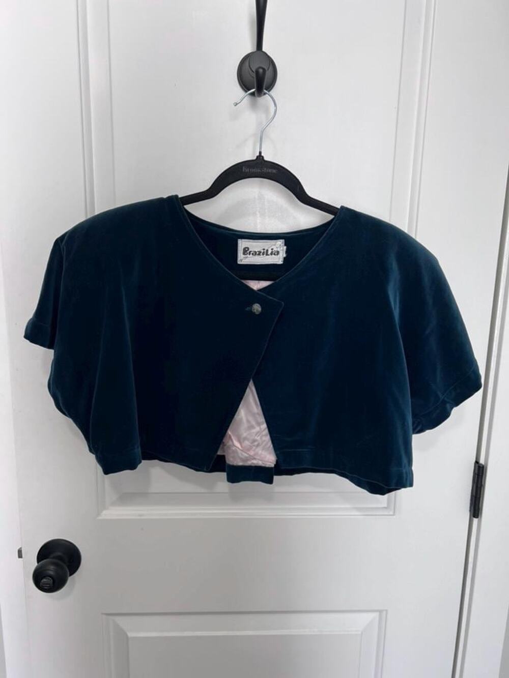 Vintage Brazilia Teal Velvet Capelet, Cropped Velvet Bolero, Lined Evening Shrug